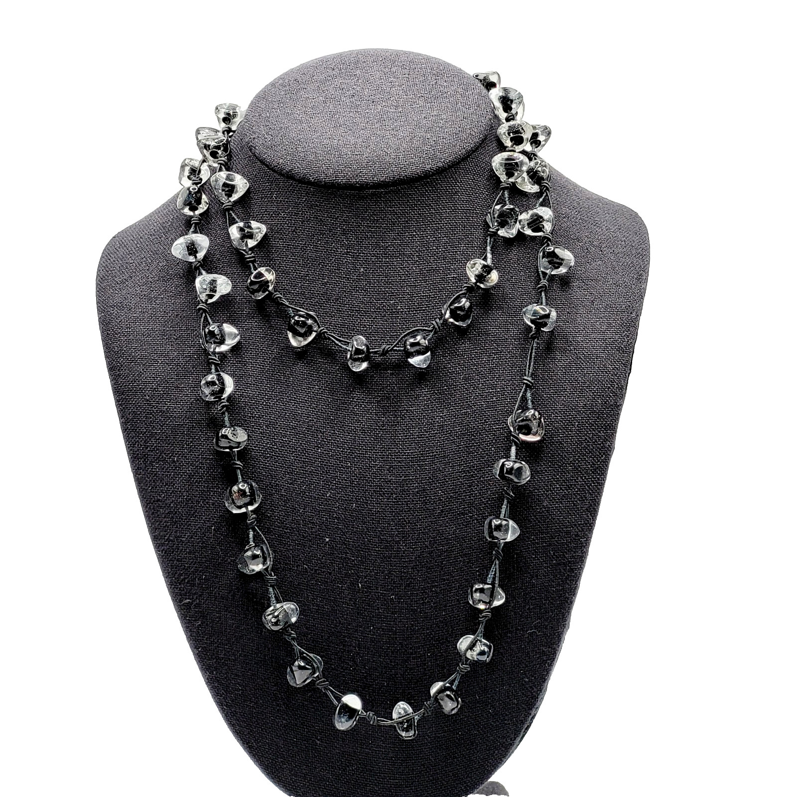 Art Glass Clear Ice Pebble Bead Hand Knot Black Thread Single Strand Necklace