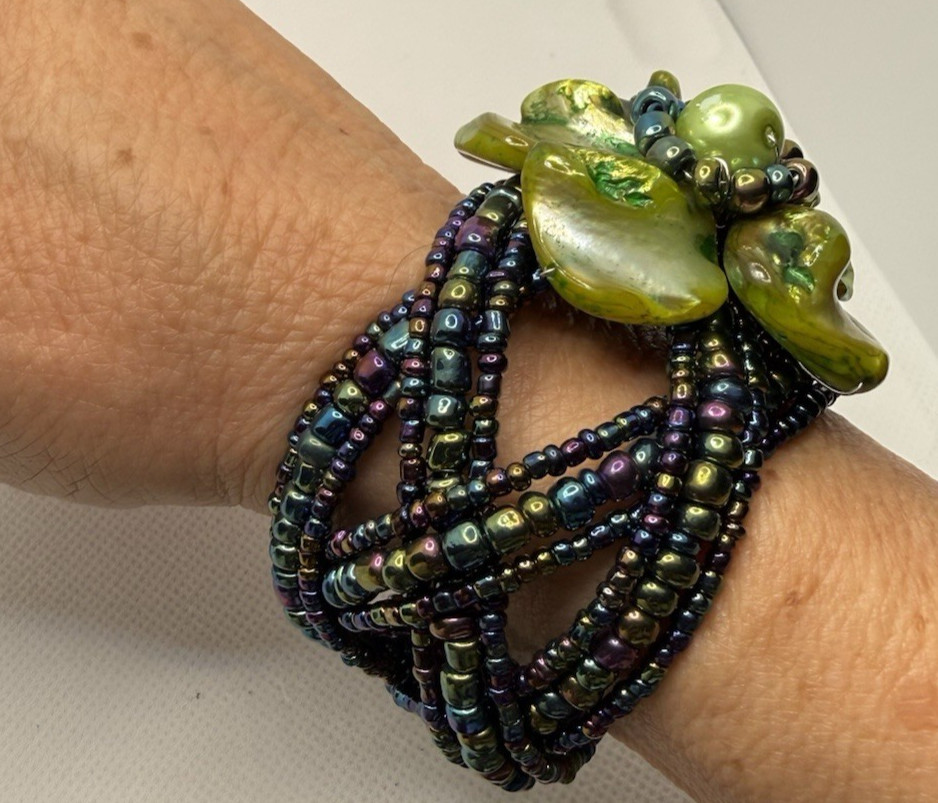 Vintage MOP Shell Flower Cuff Bracelet Iridescent Seed Bead Multi Strand Boho