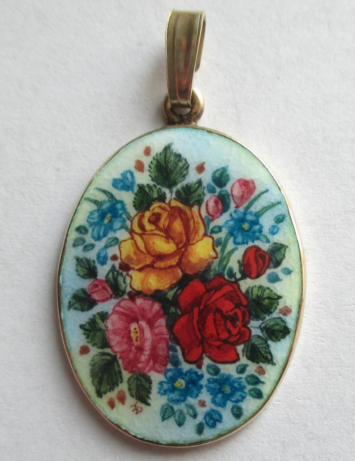 VINTAGE GOLD WASH STERLING SILVER HAND PAINTED ENAMEL FLOWER ROSE PENDANT CHARM