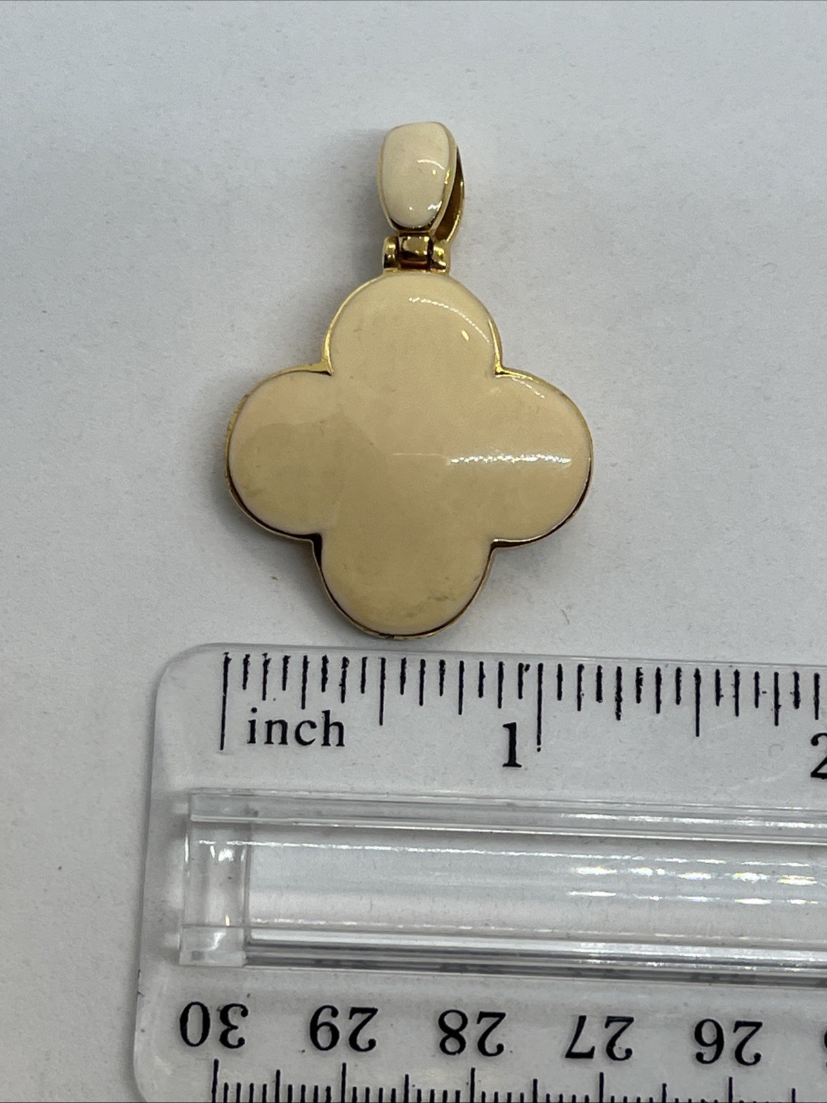Ivory Enamel And Gold Tone Clover Pendant Enhancer With 18 Inch Chain