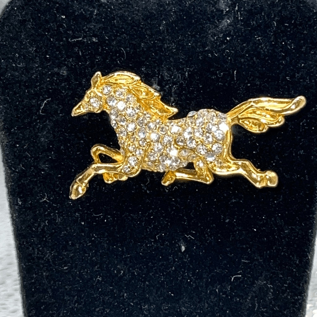 Vintage Running Horse Brooch Rhinestone Gold Tone Pave Pin Regency Edwardian