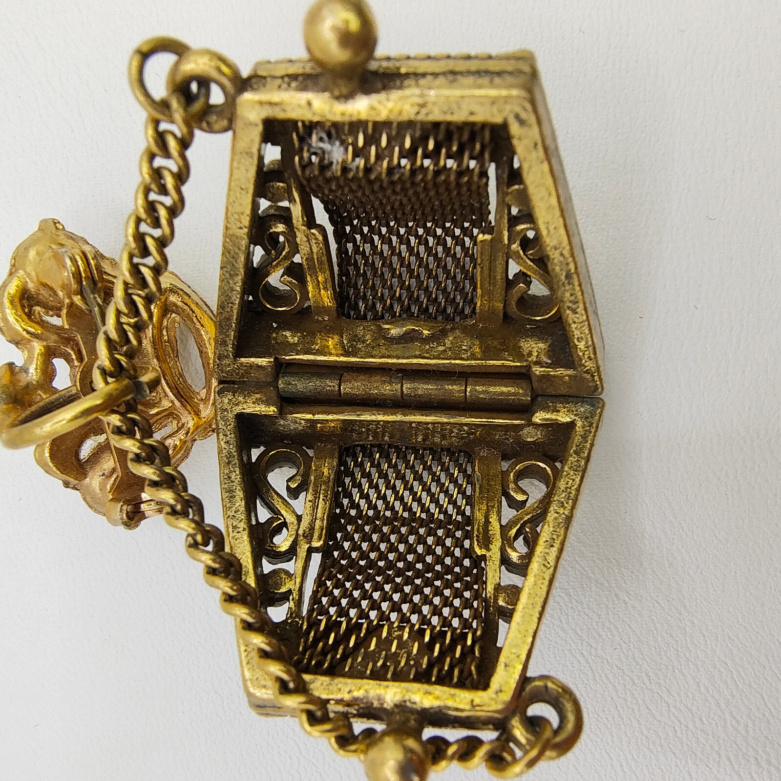 Vintage Purse Pill Box Brooch Pin Gold Tone Chatelaine Multicolor Rhinestone