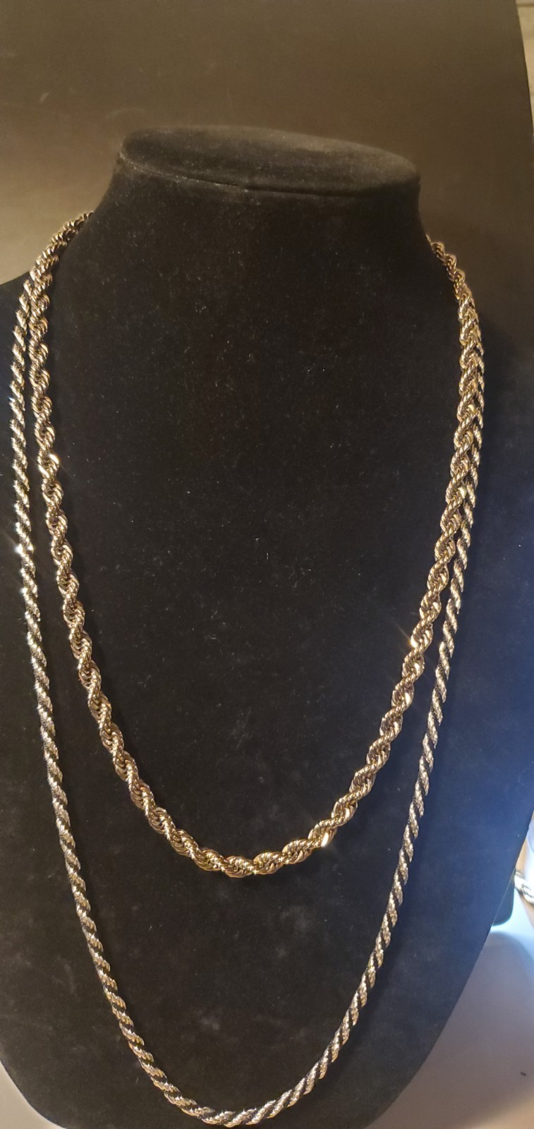 2 Vtg Twisted Rope Chains: Avon Heavy 24″, Silvertone & Black 30″