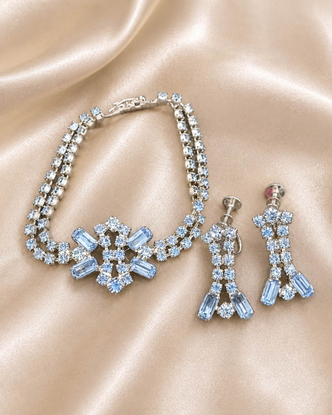 Vintage Rhinestone Bracelet Earrings Set Blue Crystal Silver Tone