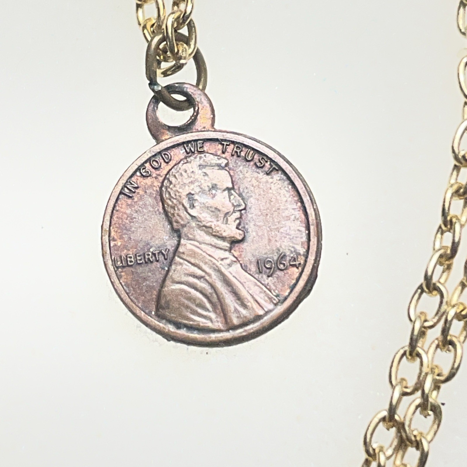 Miniature 1964 penny 1cm Coin Charm Pendent Necklace Vintage 18” gold tone chain