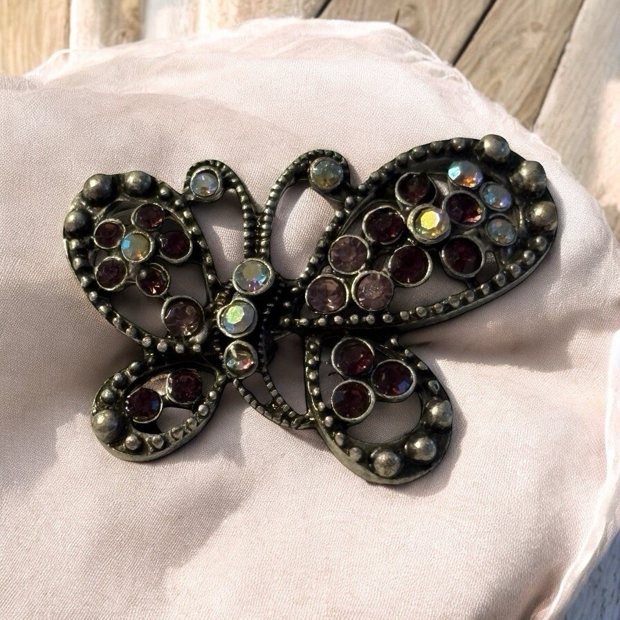 Butterfly Brooch Pin Silver Tone Purple Aurora Borealis Rhinestones Textured VTG