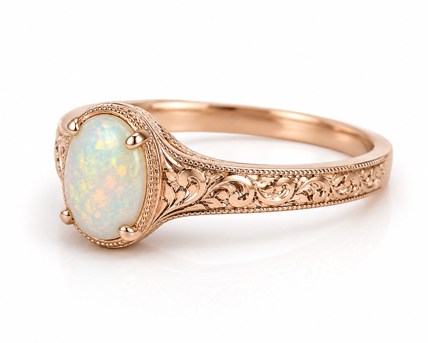 Vintage Ethiopian Opal Ring Engraved Band White Opal Ring Antique Style Women