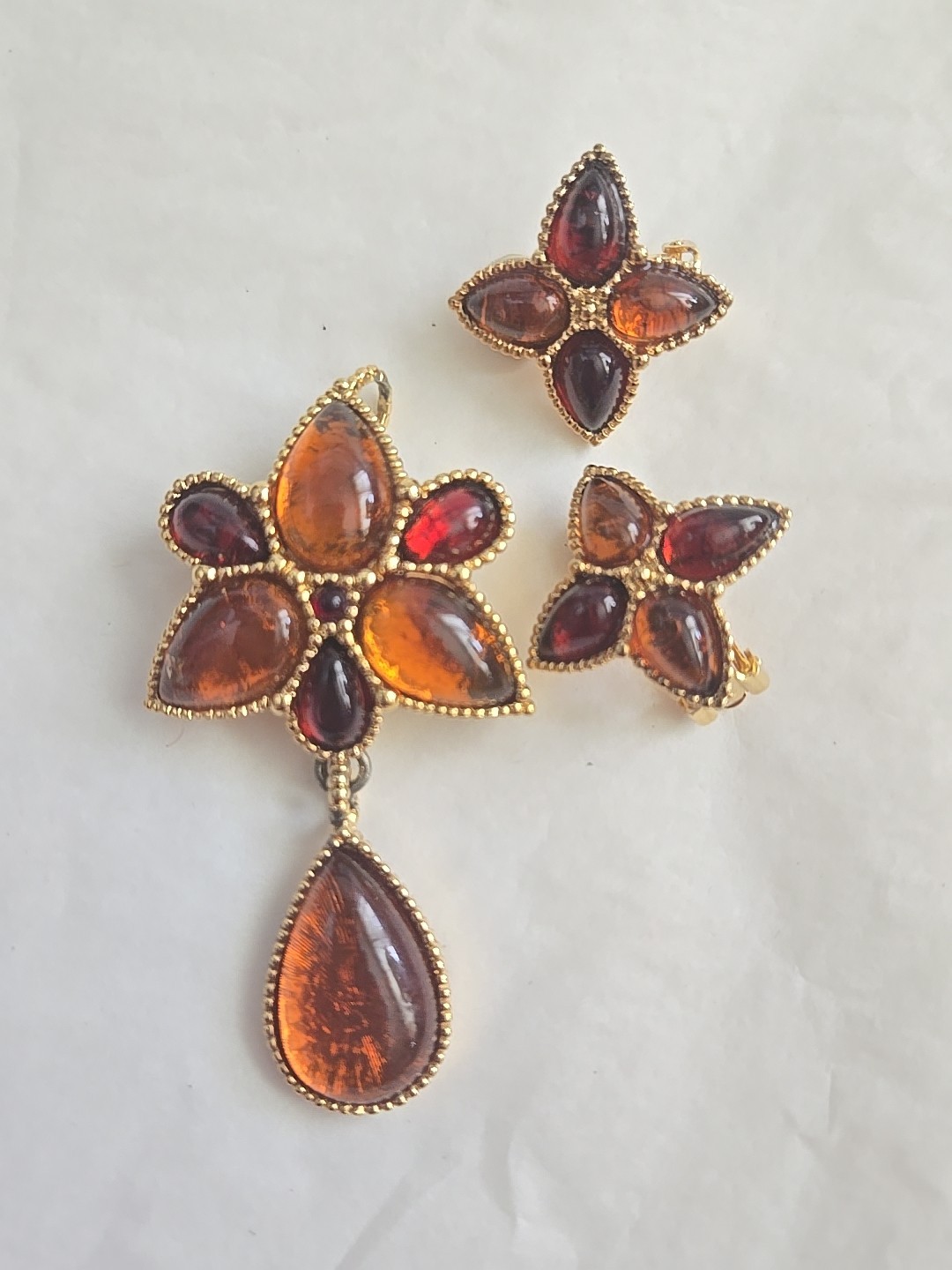 Vtg Avon Mogul Topaz Lucite Cabochon Star Dangle Pin Pendant Clip Earrings
