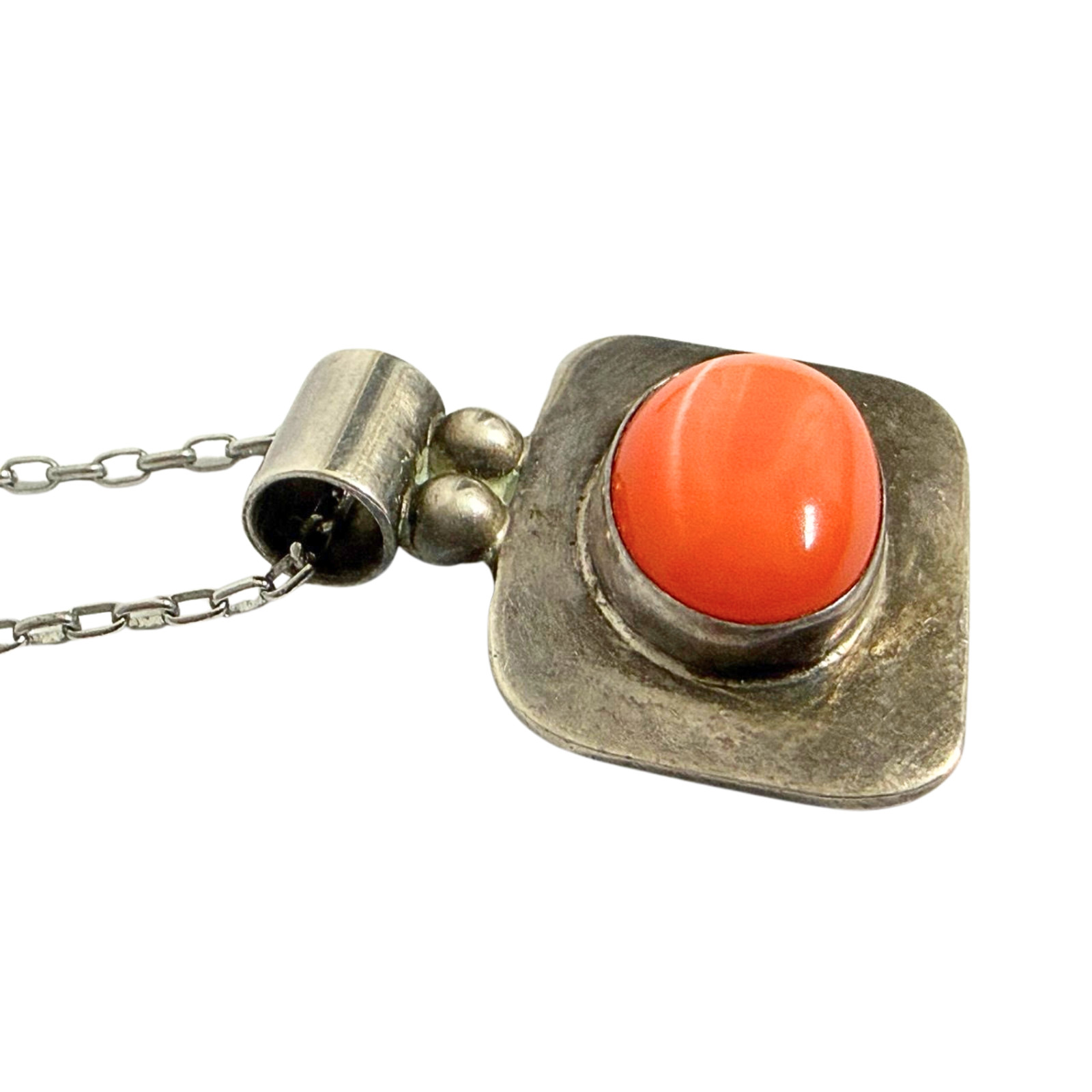 Vintage ATI Mexico 925 Sterling Silver Coral Cabochon Pendant Necklace Signed