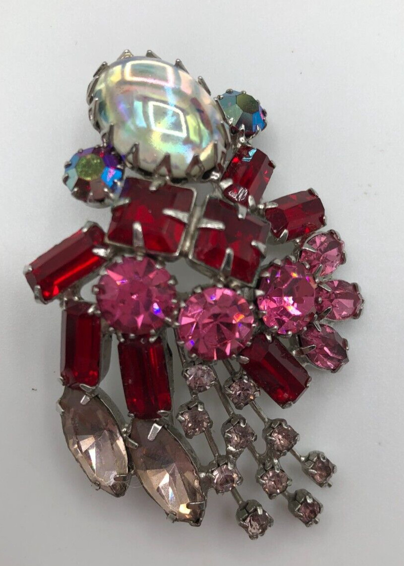 VTG Pink & Red Rhinestones Brooch Pin Iridescent Cabochon MCM 1950s Estate