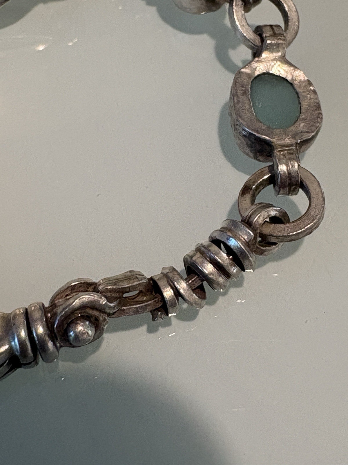VTG 925 Sterling Silver, Blue Seaglass And Pearl Bracelet 7.5 Handmade 22 Grams