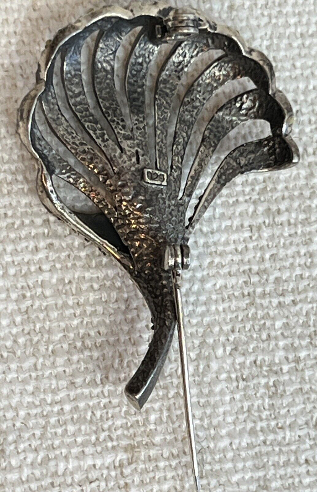 Floral 925 Sterling Silver & Clear Rhinestones Brooch Pin With Single Pearl