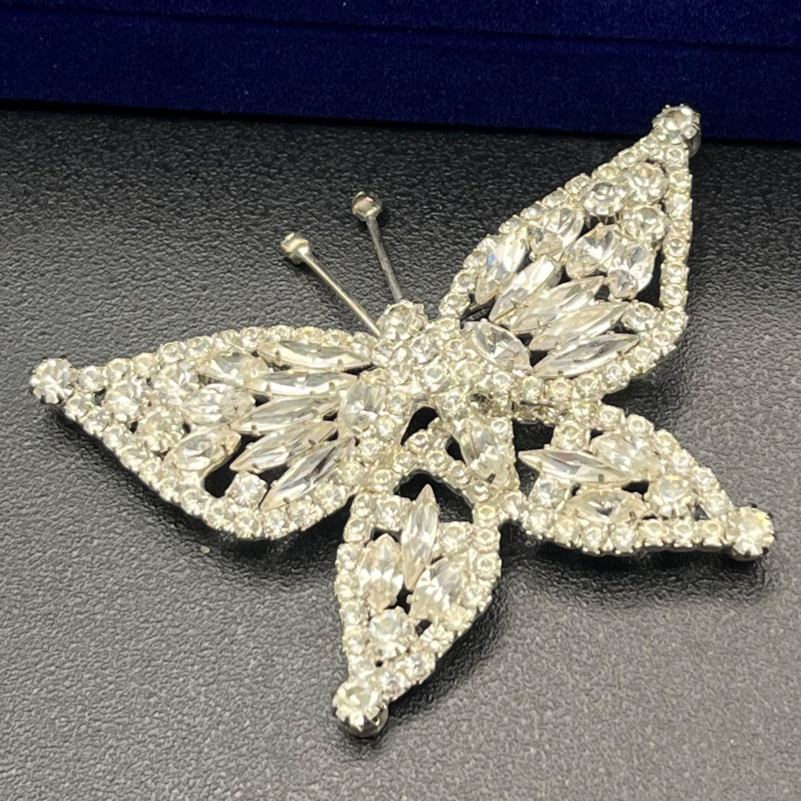 Mid Century Rhinestone Butterfly Brooch Silver Tone Navette Wings