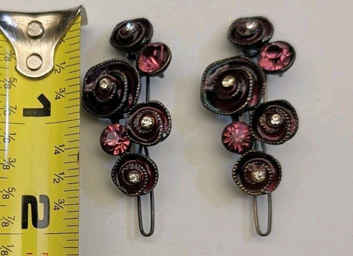 Vtg Style Floral Bobby Pins Hair Slides Black Gunmetal Purple Rhinestone Rose