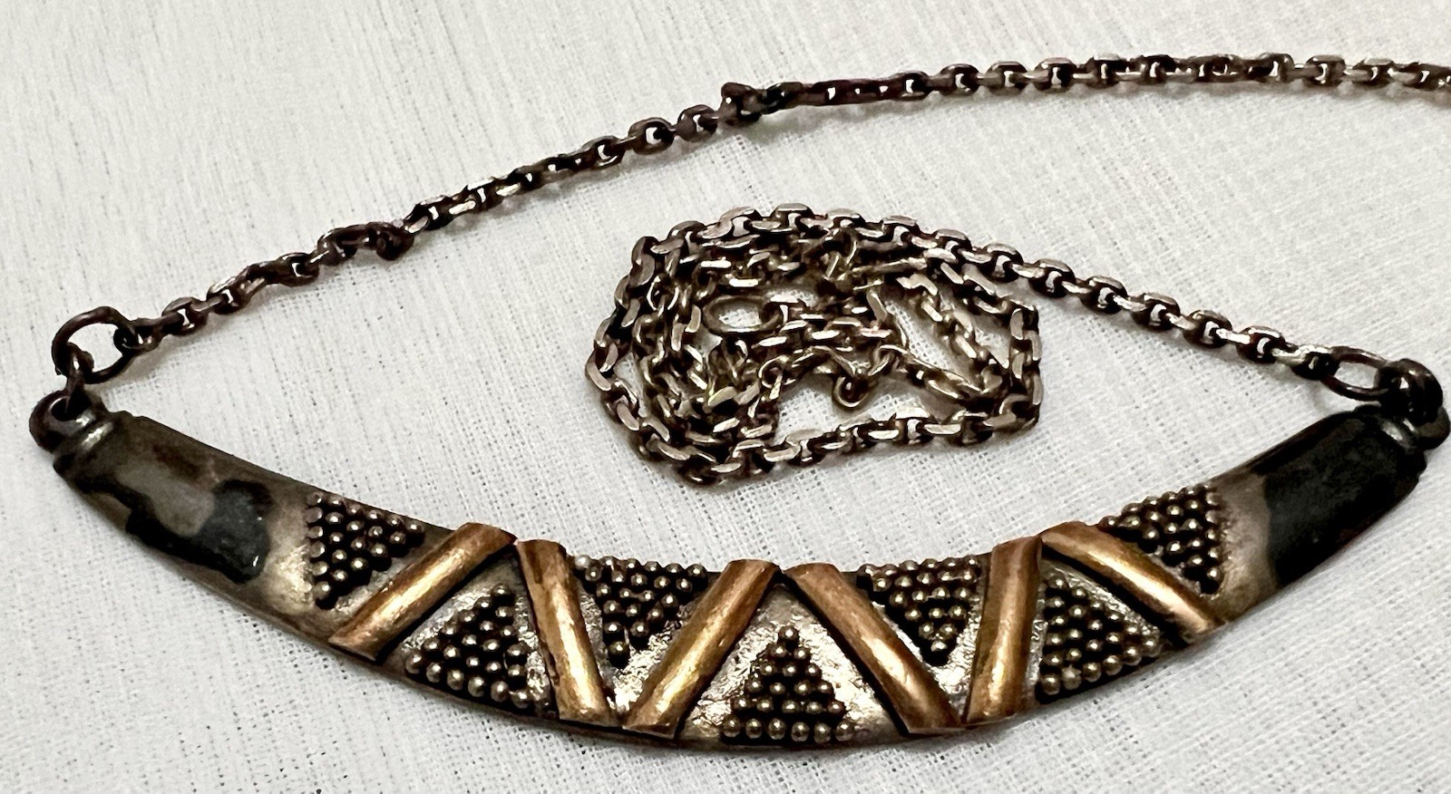 ABSTRACT BRUTALIST Sterling Silver Gold Wash CRESCENT PENDANT NECKLACE Vintage