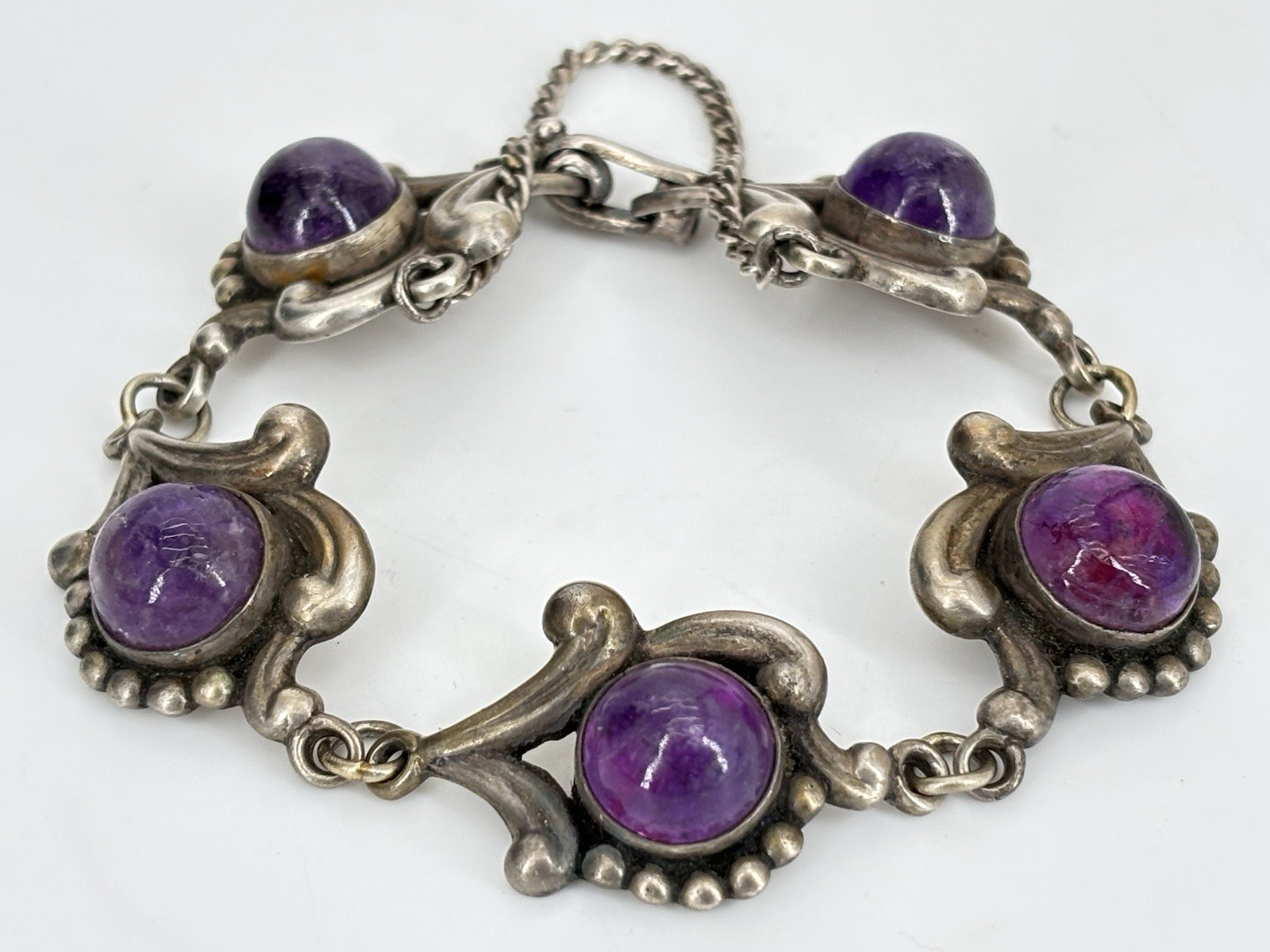 VTG LOS CASTILLO Taxco Sterling Silver Amethyst Floral Scrollwork Panel Bracelet