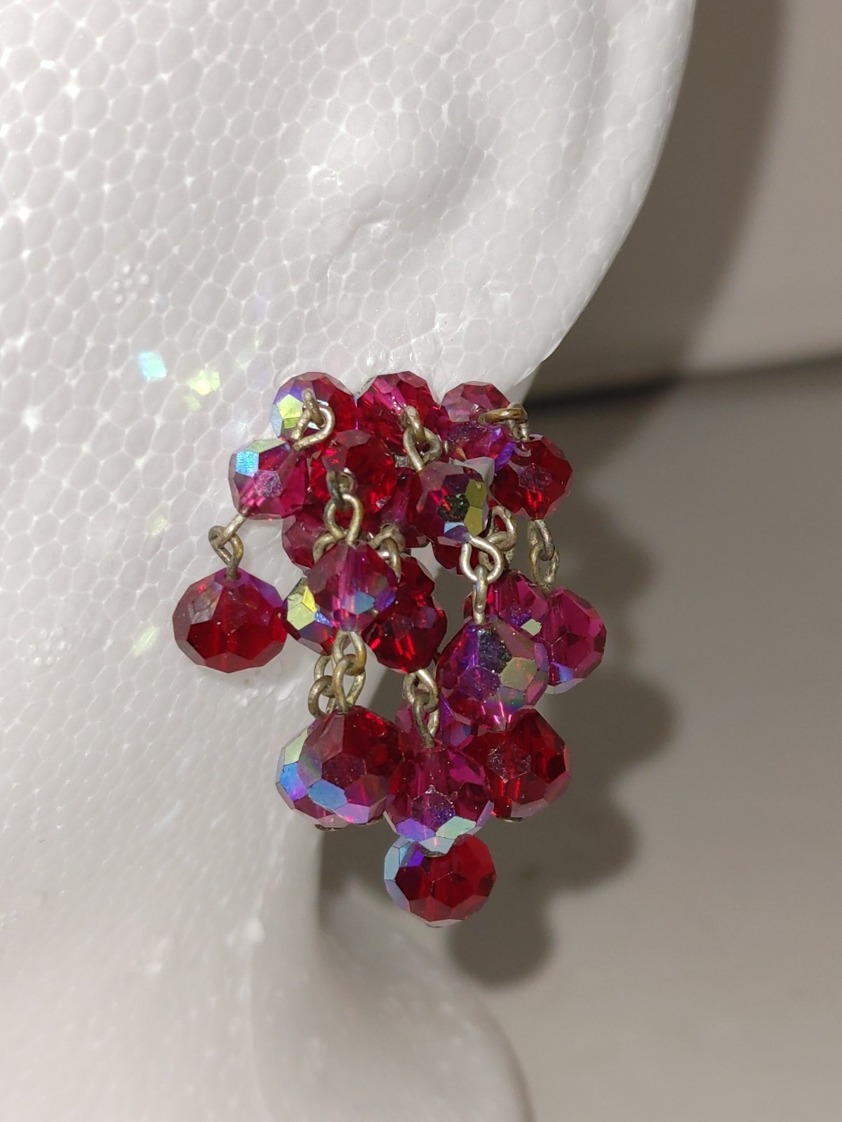 Signed Laguna Red AB Crystal Clip Earrings Vintage 50s 60s Cluster Dangle ChaCha