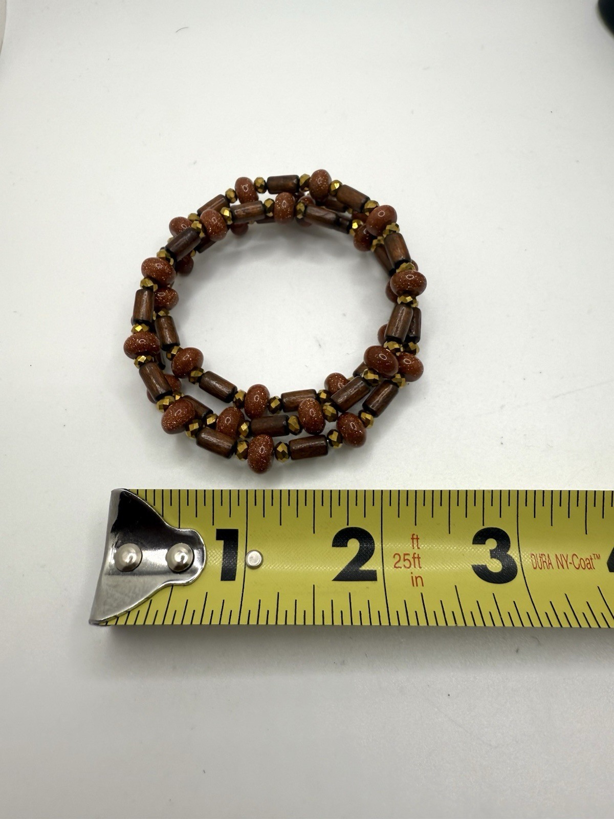 Vintage Bracelet Wood Goldstone Gemstone Wired Wrap Multi-strand Bohemian Boho