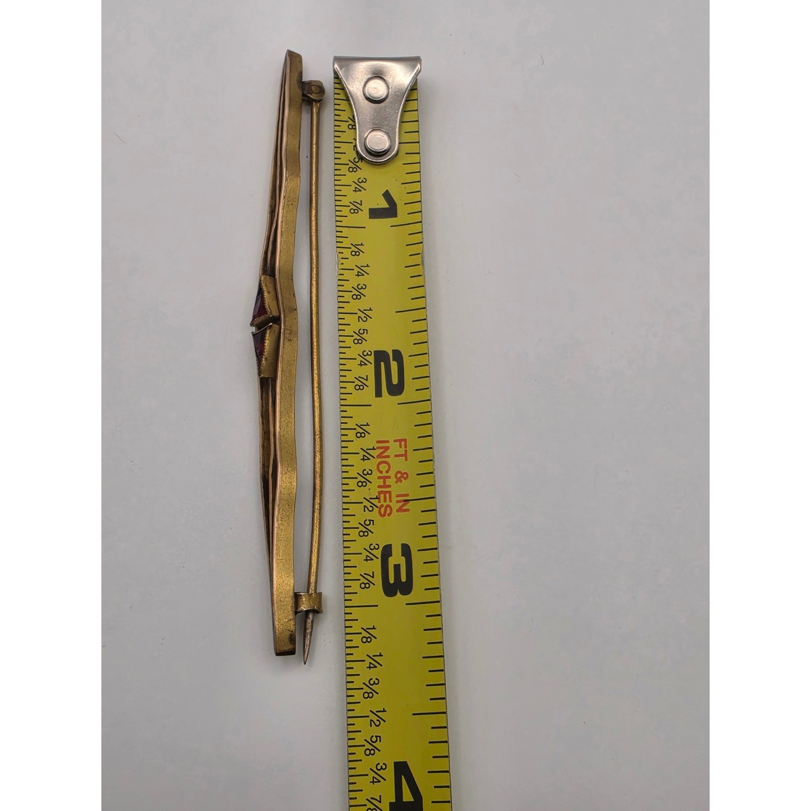 Antique Gold Tone Red Glass Triangle Geometric Bar Pin Brooch 3.25 Inch