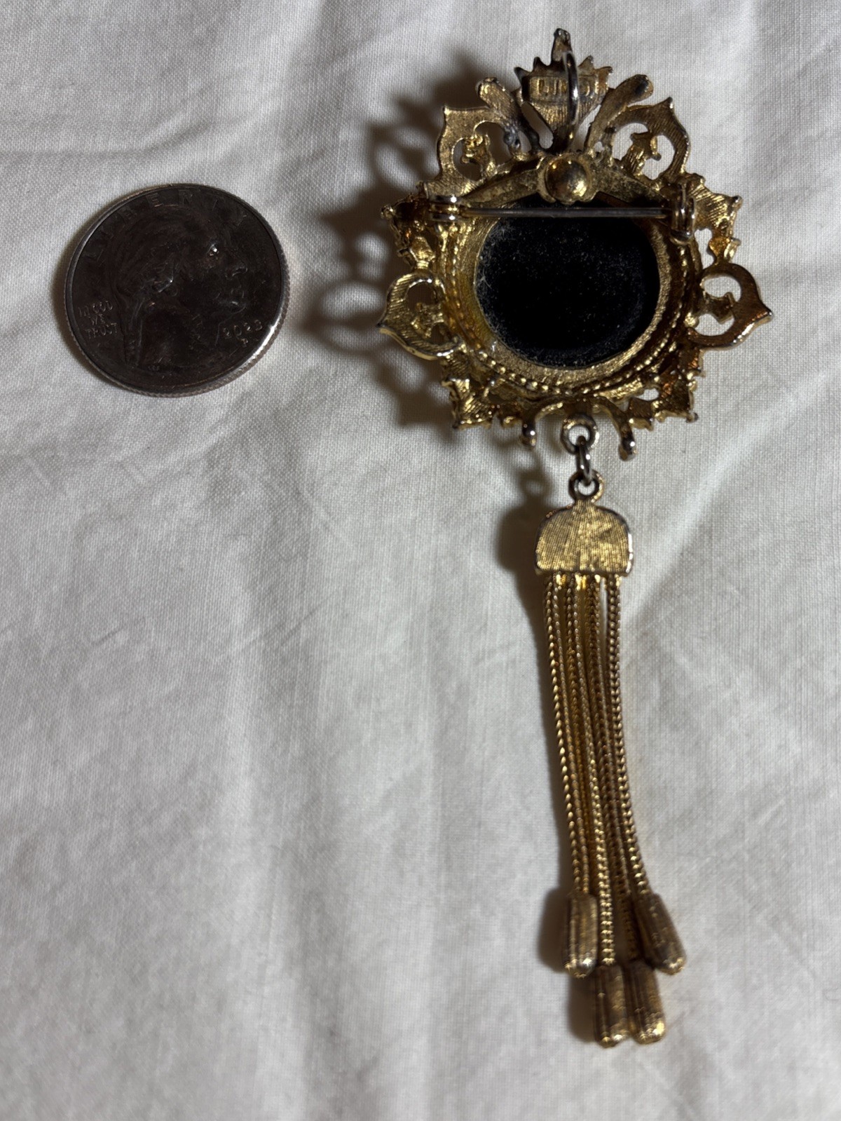 Vintage Art Deco Gold Tone Black Rhinestone Tassel Mourning Brooch Signed LJM
