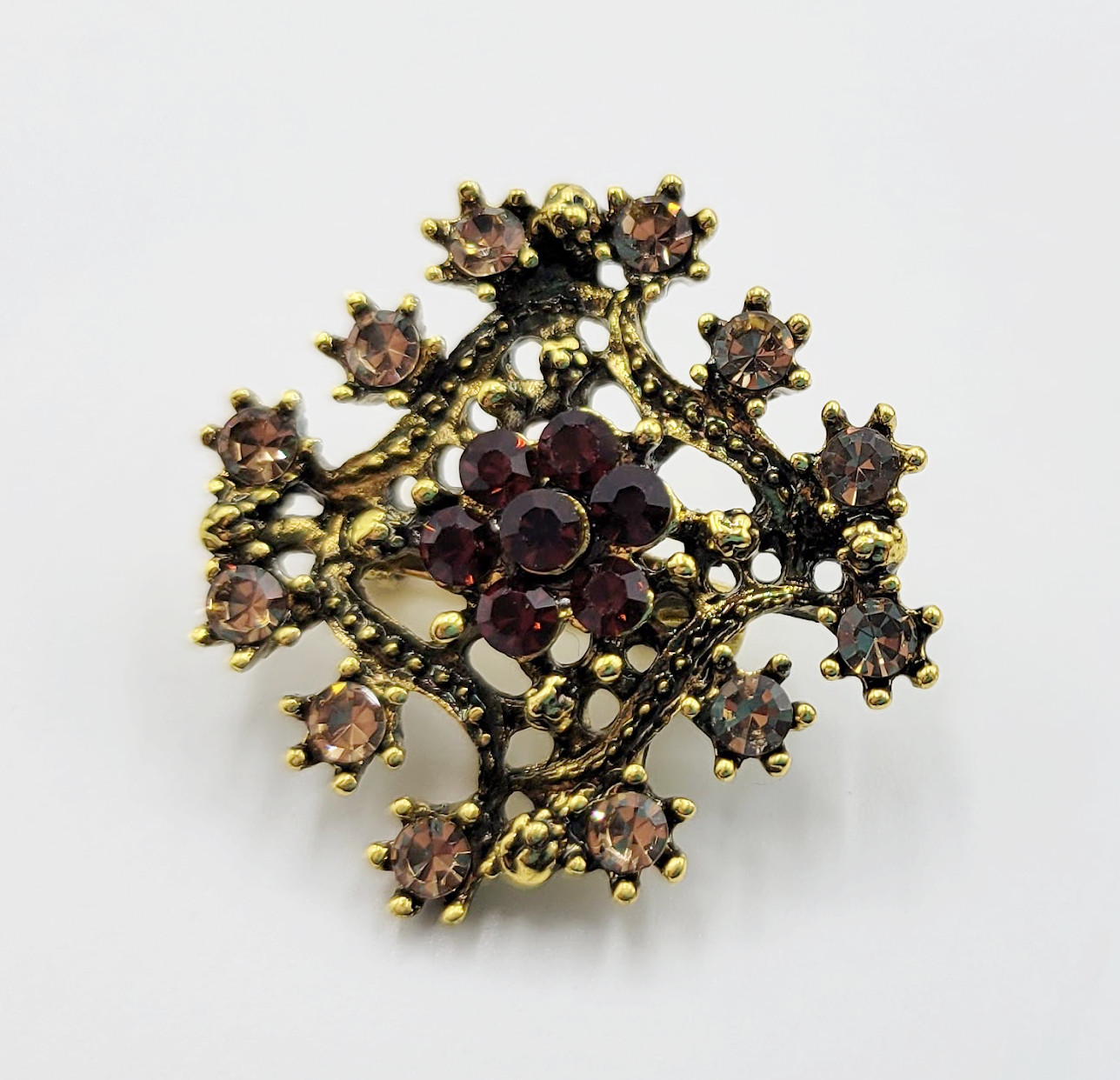 Gold Tone Rhinestone Red Purple Pink Multicolor Costume Ornate Brooch Pin