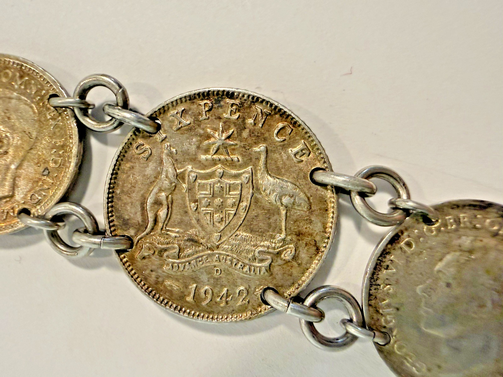 vintage coin Link bracelet 1940s Handmade australian sixpence threepence