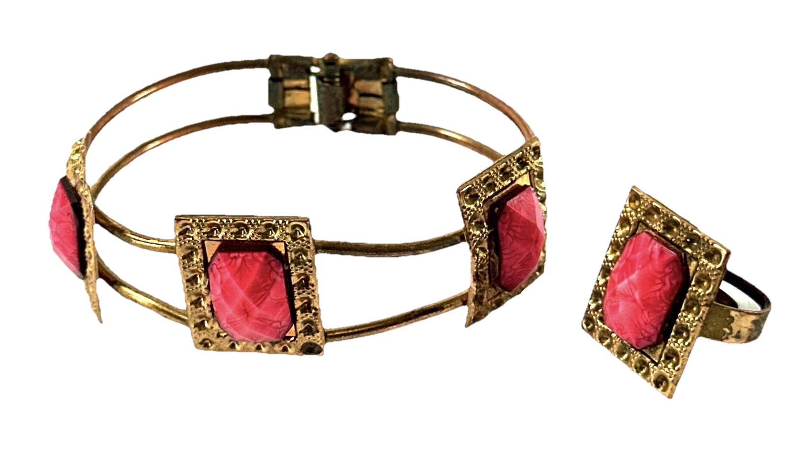 Vtg Brass Tone Cuff Bracelet Pink Jewels & Matching Adjustable Ring