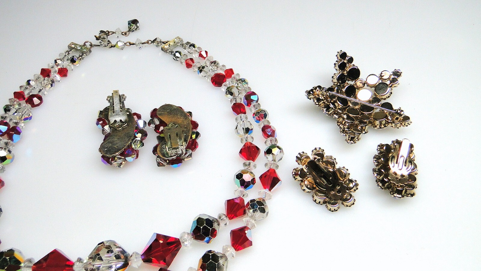 Vintage Red & Iridescent Crystal Necklace Earrings Pin Sets 4pc Lot