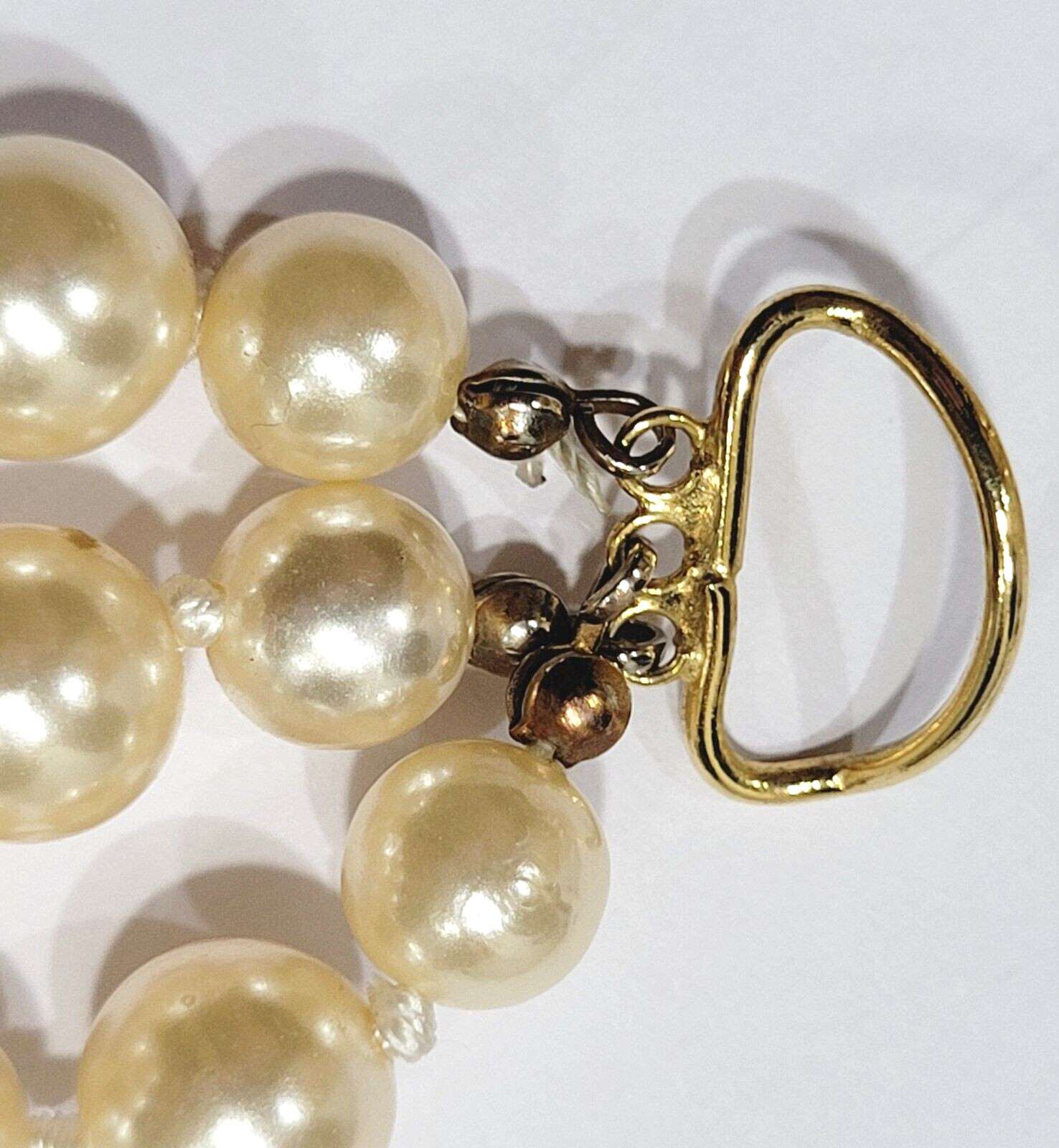 Triple Strand Off White Faux Pearl Knotted Necklace with Gold Tone Clasp 15 Inch