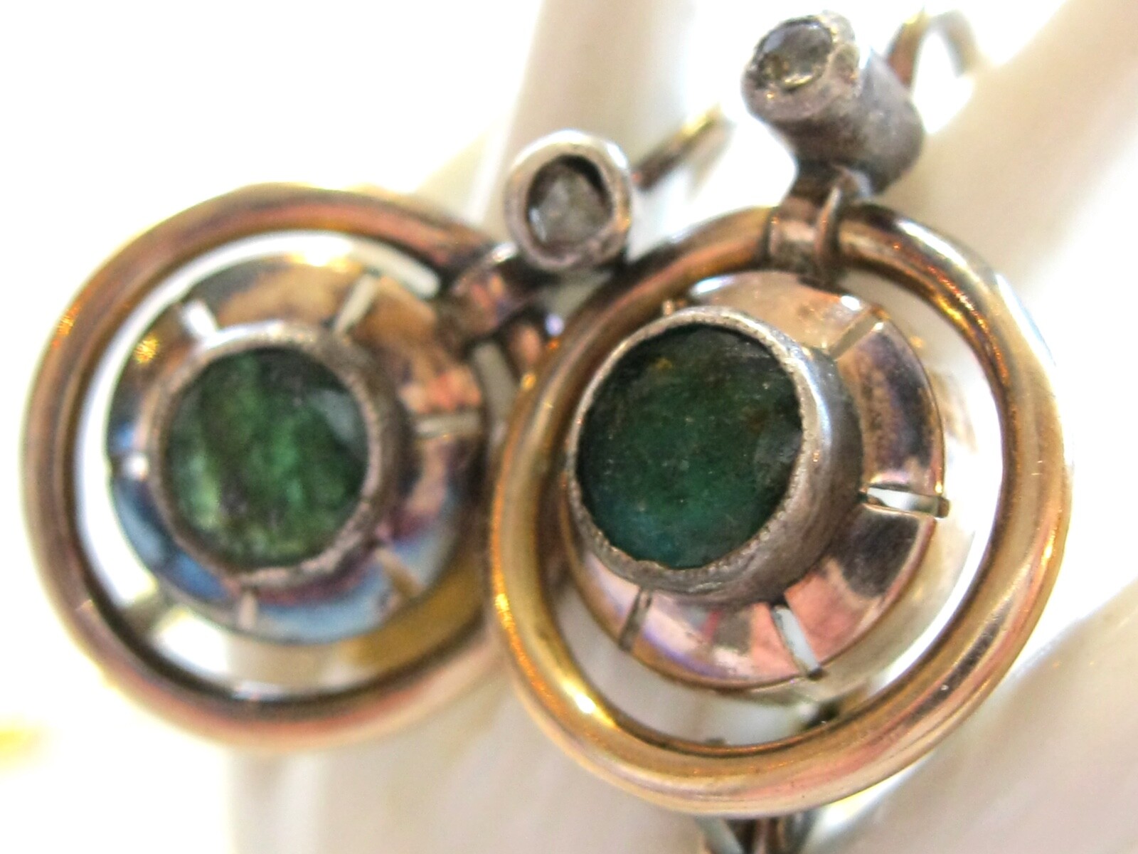 ANTIQUE CIRCULAR EMERALD AND ROSE CUT DIAMOND LEVER BACK GOLD EARRINGS 14K GOLD