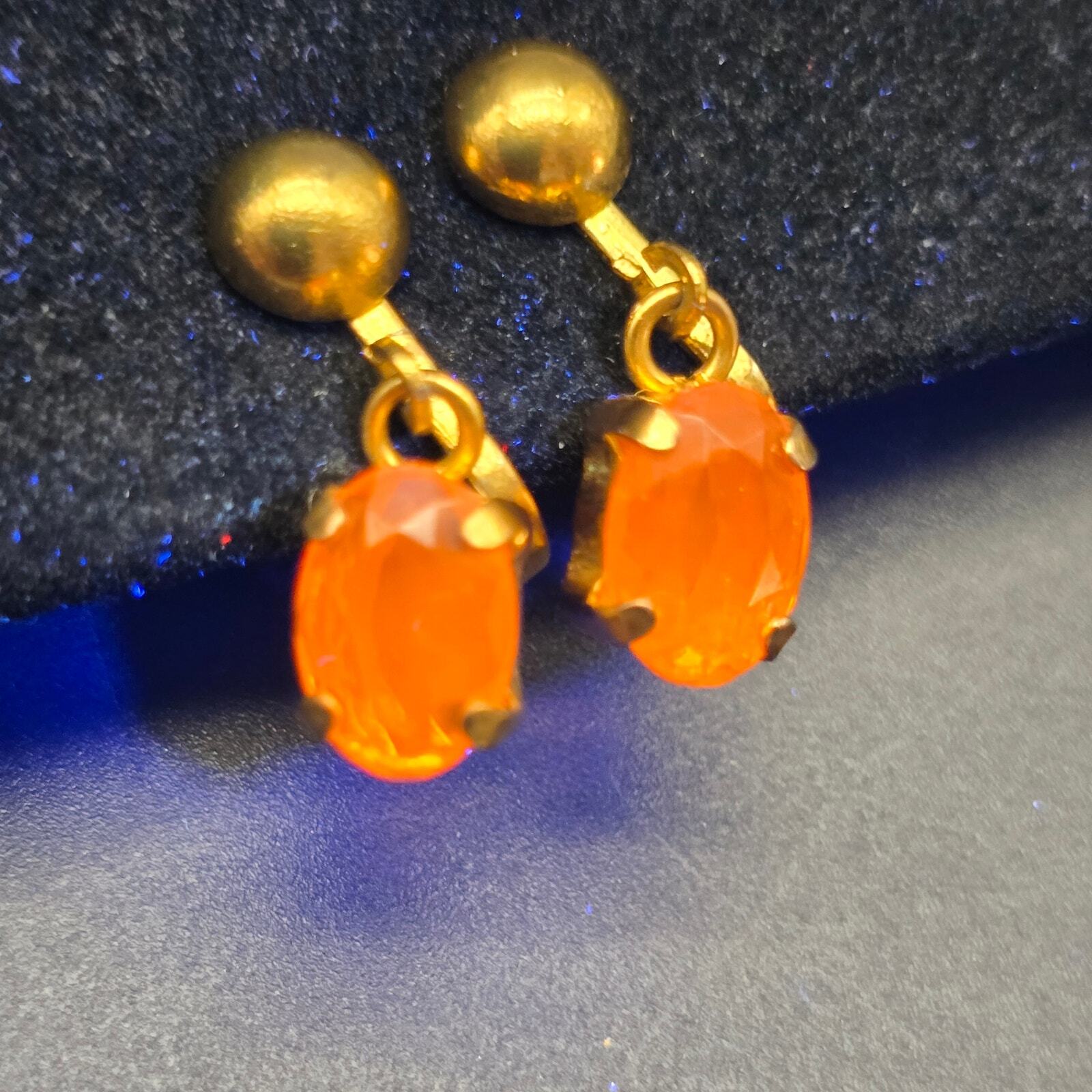 Vintage Yellow Orange Rhinestone Clip On Earrings Dangle Drop Charm