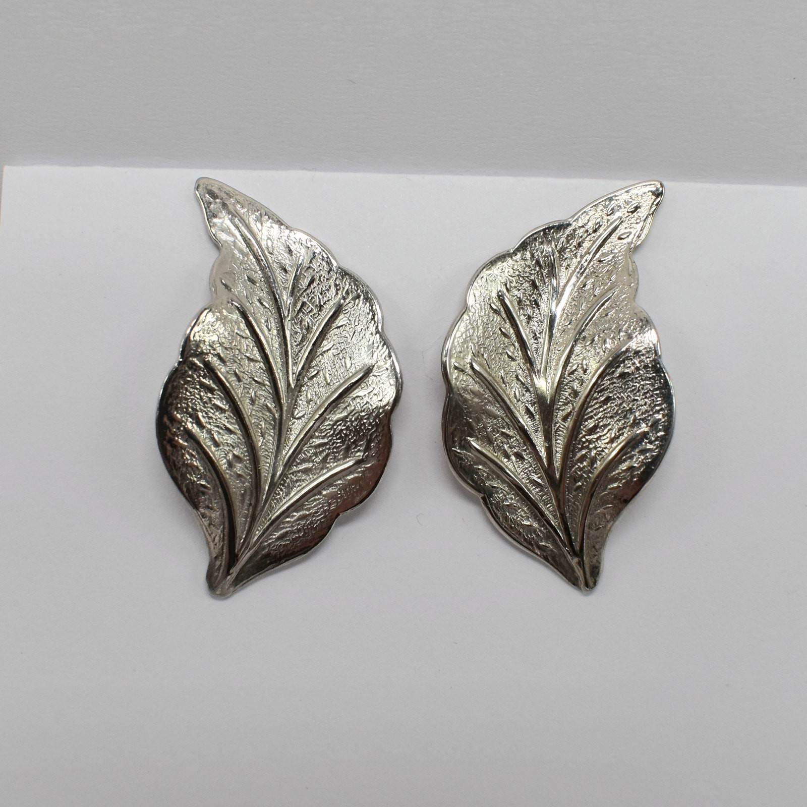 Vintage Silver Leaf Stud Statement Earrings Textured Botanical Nature Boho Chic