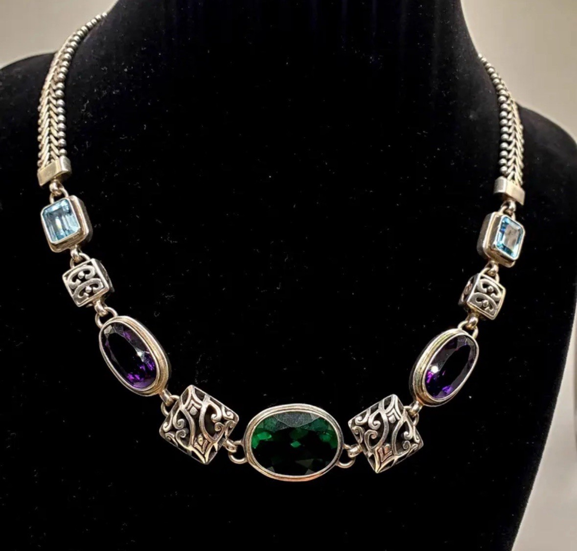 Vintage Sterling Silver Green,Purple,Blue Glass Double Cable Toggle Necklace