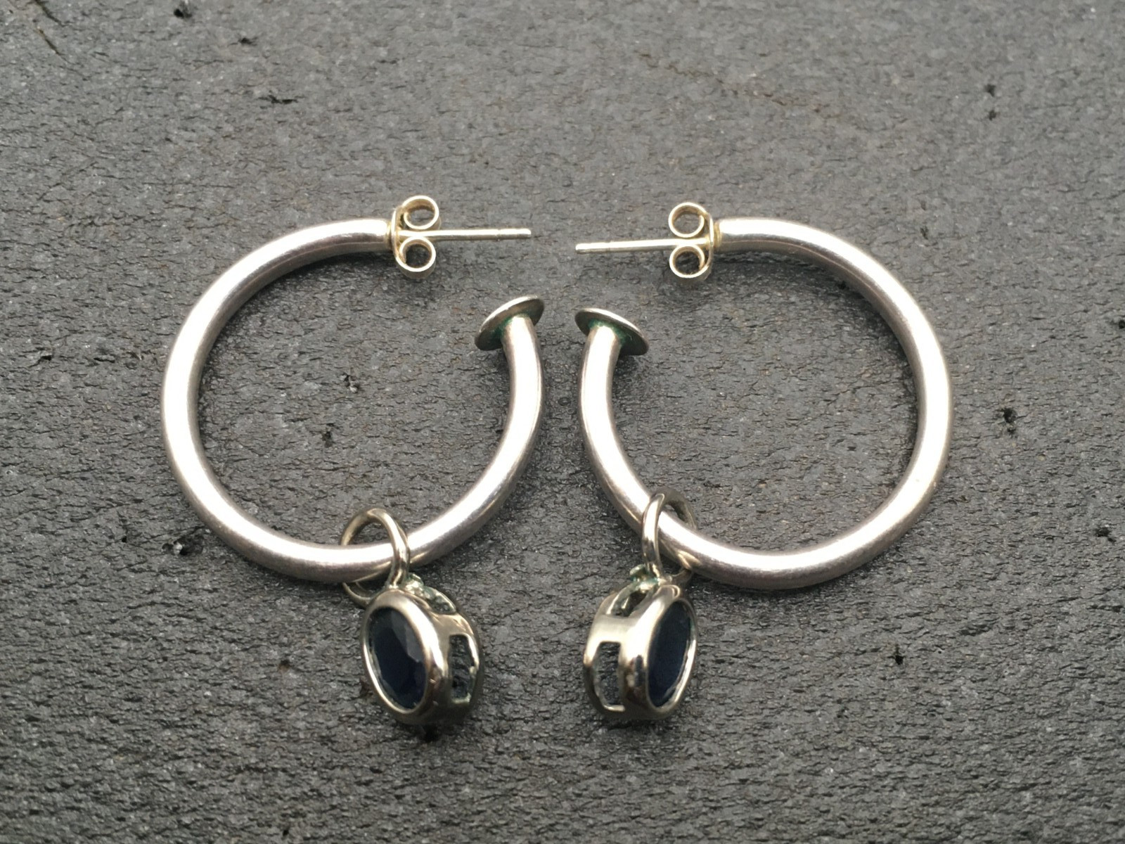 Vintage NF .925 Sterling Silver Hoop Blue Stone Post Dangle Drop Earrings