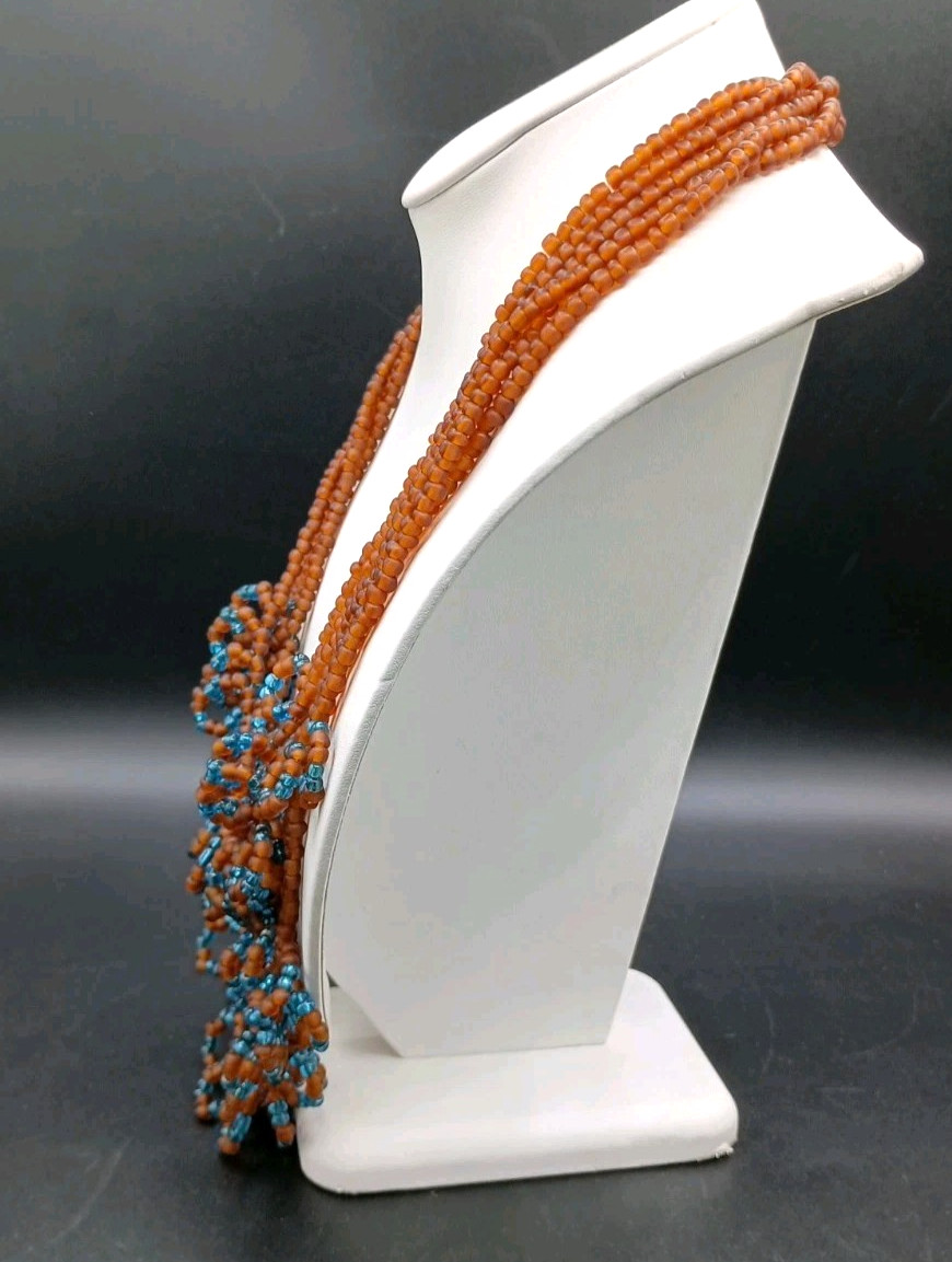 Vintage Seed Bead Necklace Glass Amber Turquoise Color Multi-Strand Artisan 25″