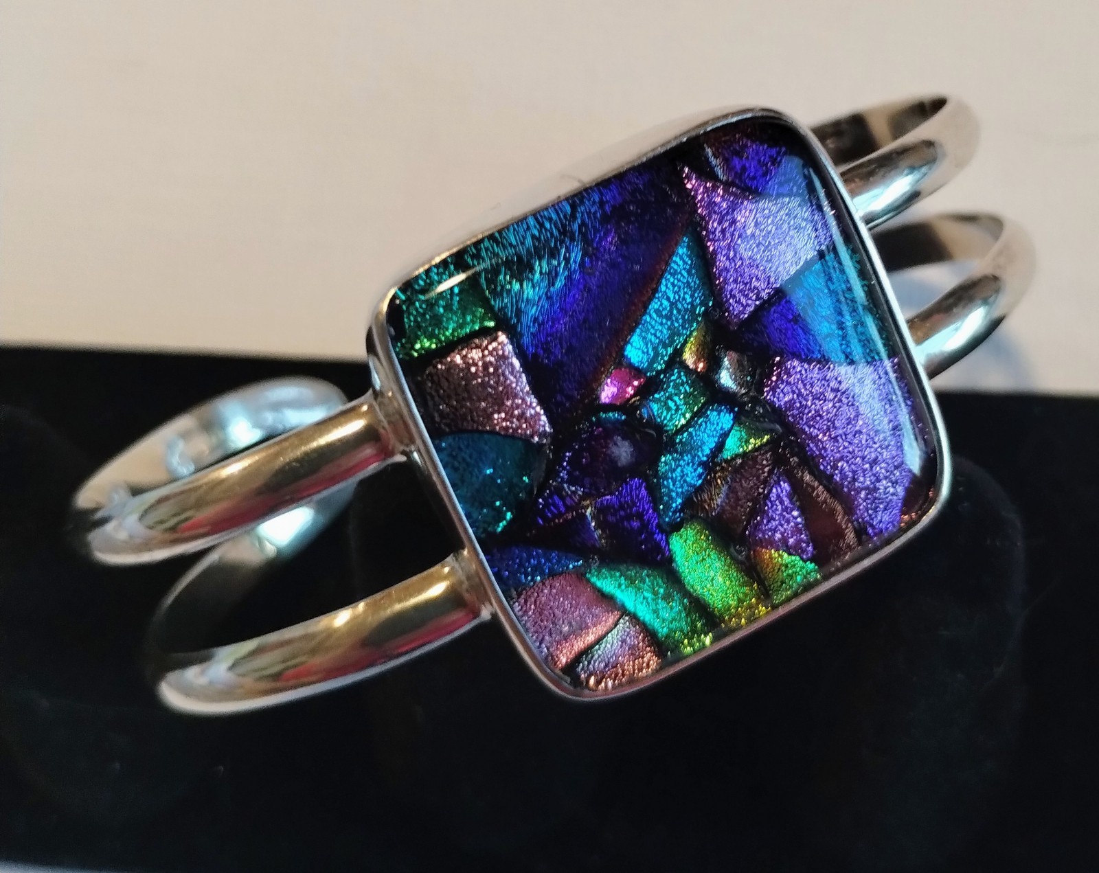 Handmade Small Purple Blue Dichroic Glass Sterling Silver Cuff Bracelet 6.5in