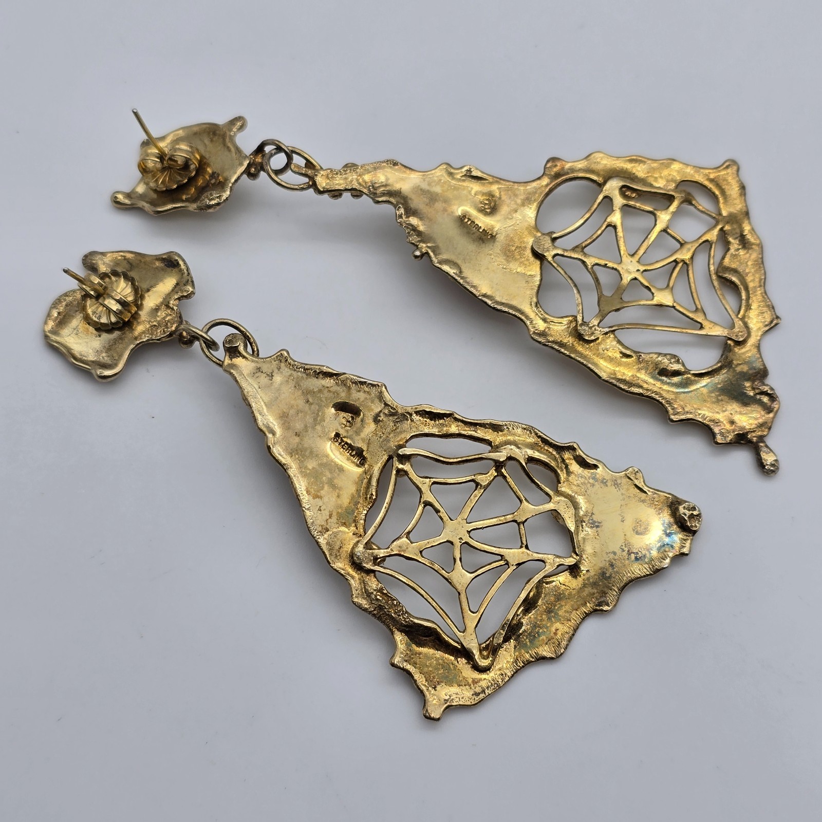 VTG Abstract Brutalist Spider Web Gold over Sterling Pearl Pendant Earrings Set