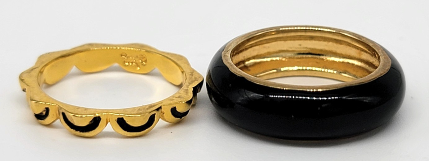 Gold Tone Ring Set Lot of 2 Size 5 Black Enamel Band Stackable Toe Rings Shiny!