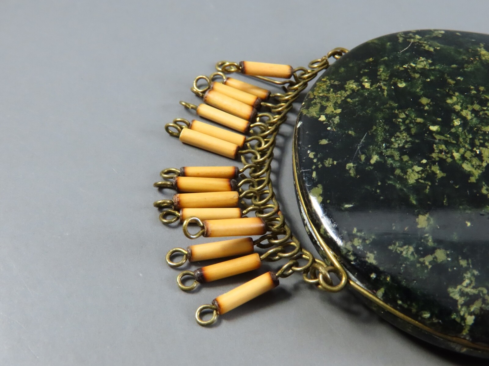 VTG Exotic Bib Necklace LARGE GREEN HARDSTONE Bamboo Pipe Beads EGYPTIAN REVIVAL
