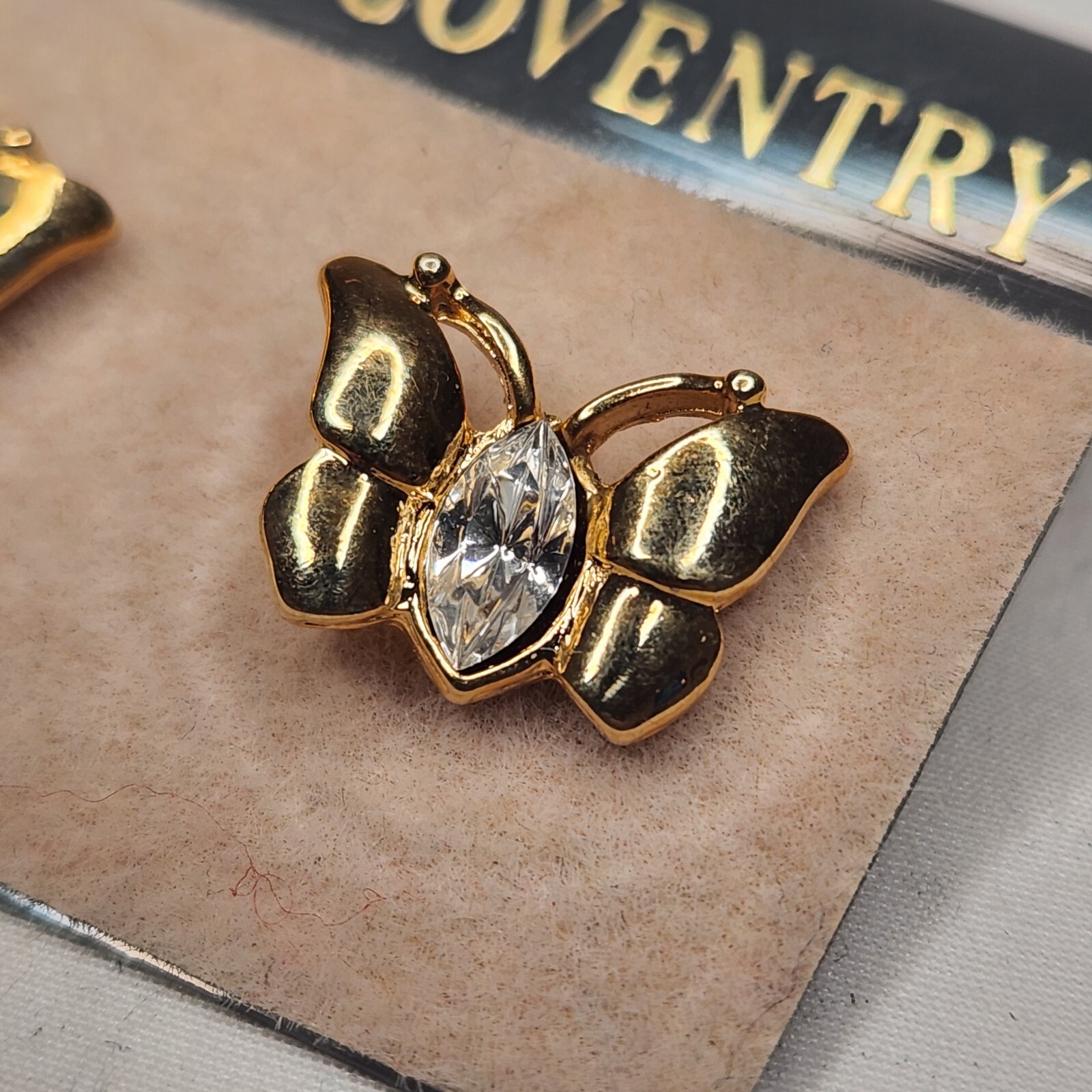 Sarah Coventry Goldtone Butterfly Earrings Clear Rhinestone Post Set 1/2 Inch