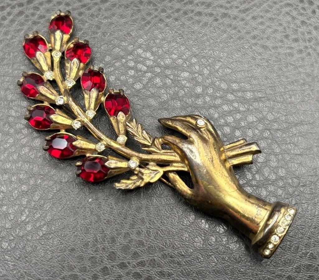 Vintage 4.25” HUGE Pot Metal Hand Holding Flowers Brooch Red Rhinestone