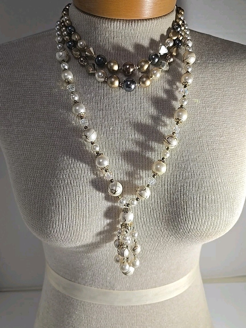 Two Vintage Beaded Necklaces Earthtones Layering 1-Tasseled 1-Multistrand Japan