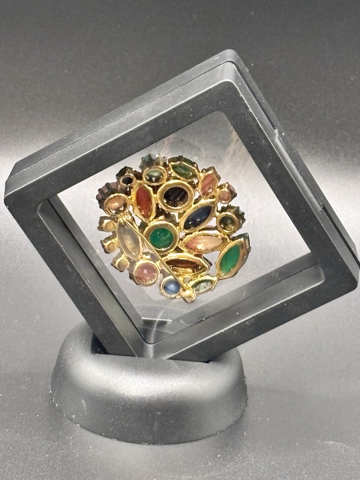 Vintage Czech Glass Multicolor Multi Shape Rhinestone Brooch Gold Tone Leaves