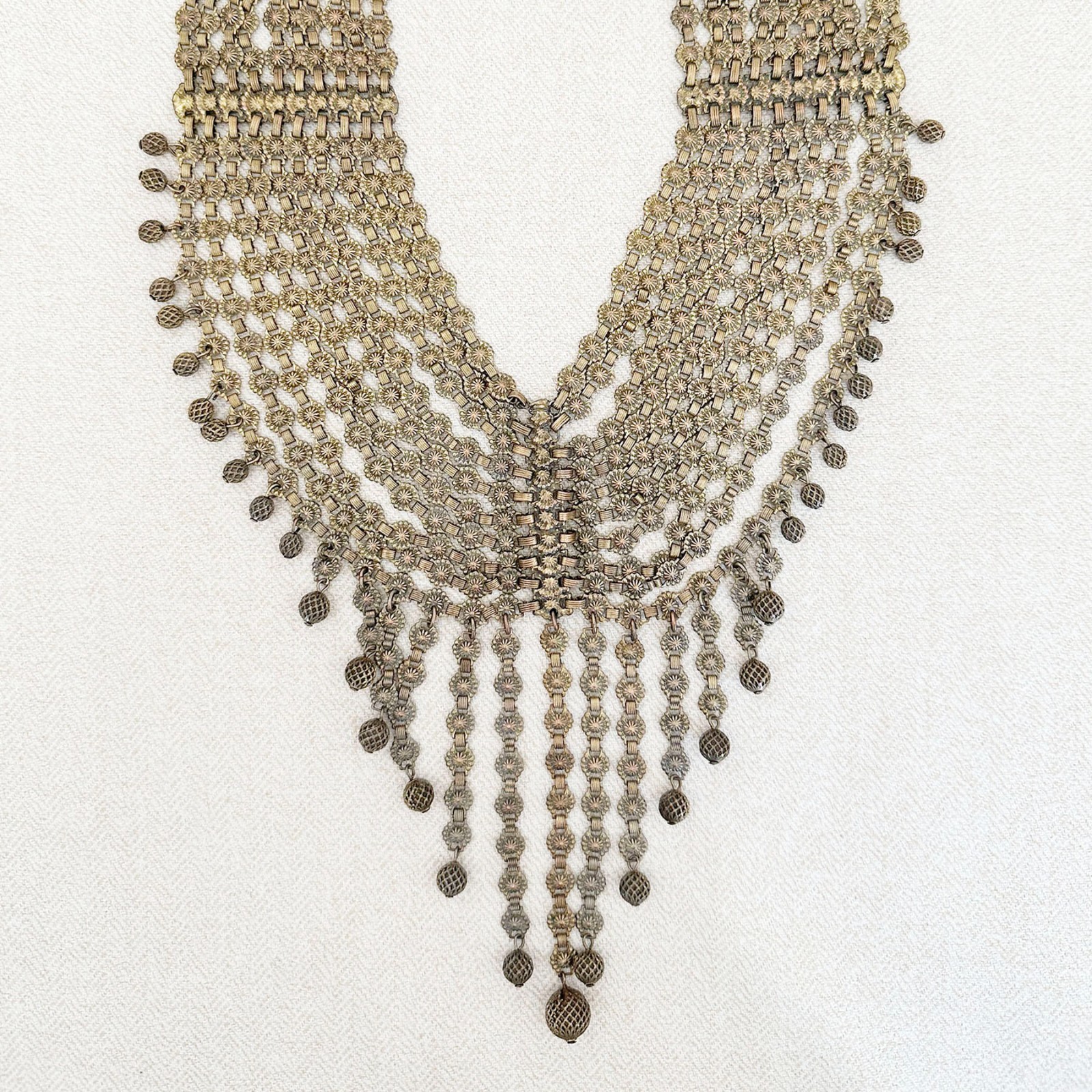 Vintage Brass Multi-Chain Festoon Bib Necklace Estruscan Style from the 1940s