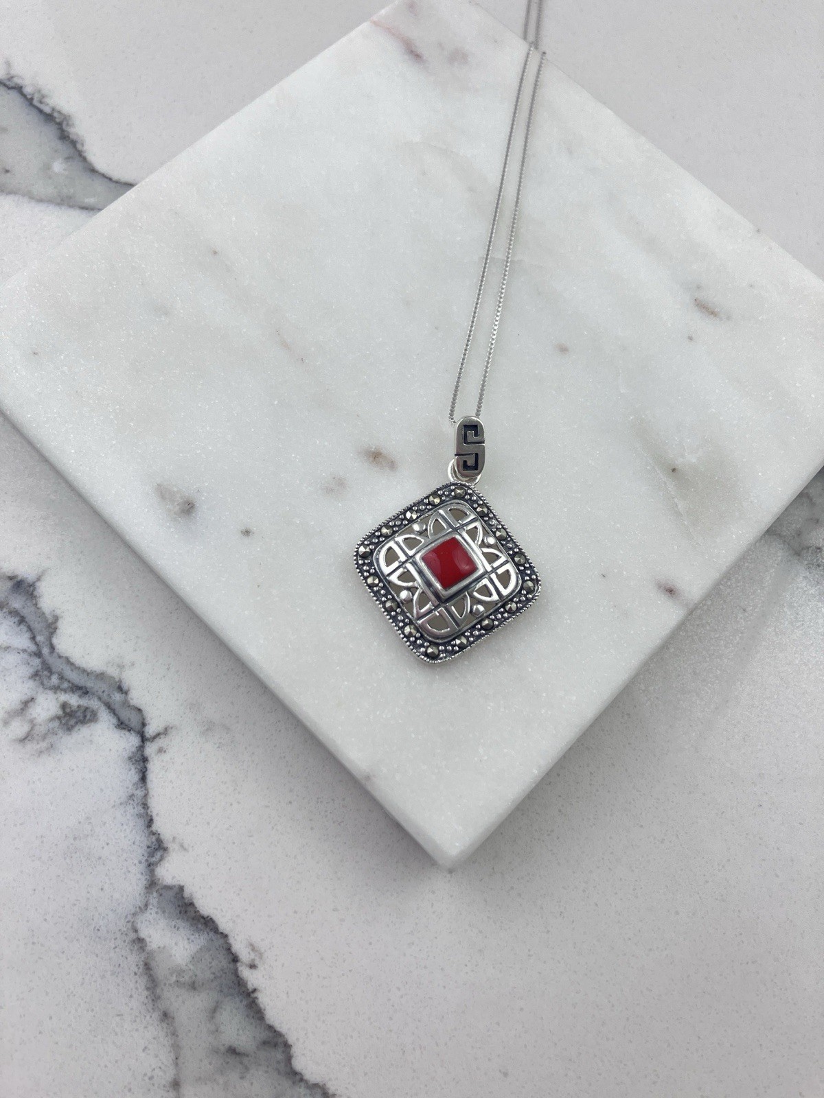 Vintage 925 Sterling Silver Red Coral Deco Marcasite Pendant Necklace 18”