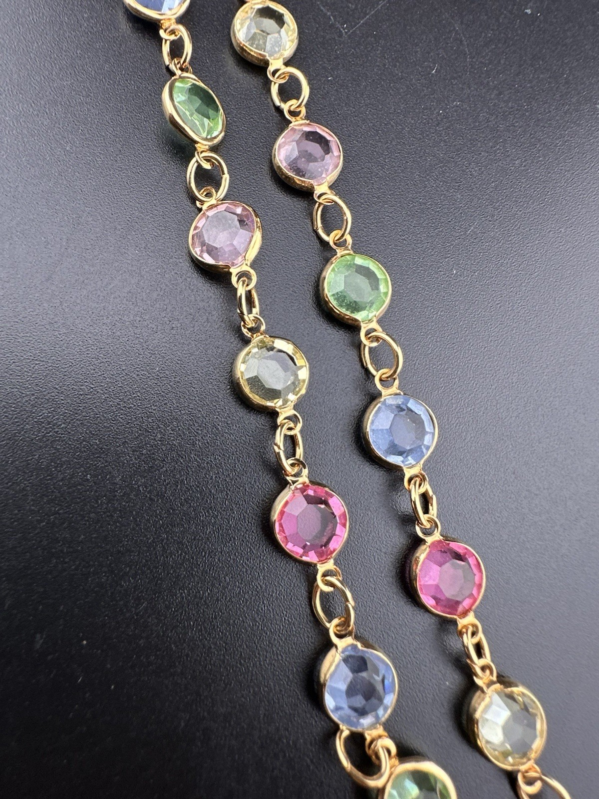 Rafaelian Vintage Long Necklace Open Bezel Austrian Crystal USA Multi-Color 30”