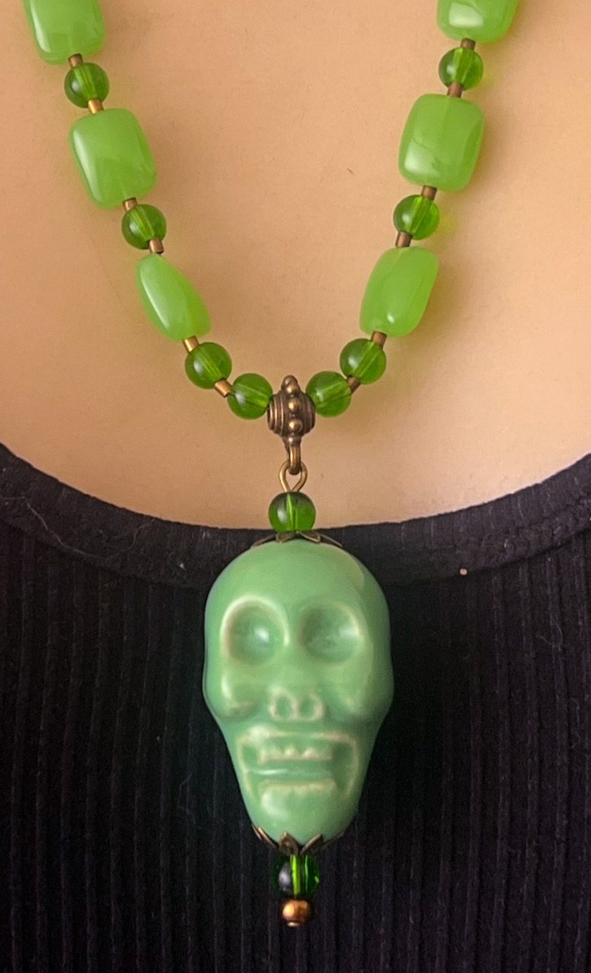 Artisan Necklace Huge Green Porcelain Skull Pendant Glass & Agate Beads