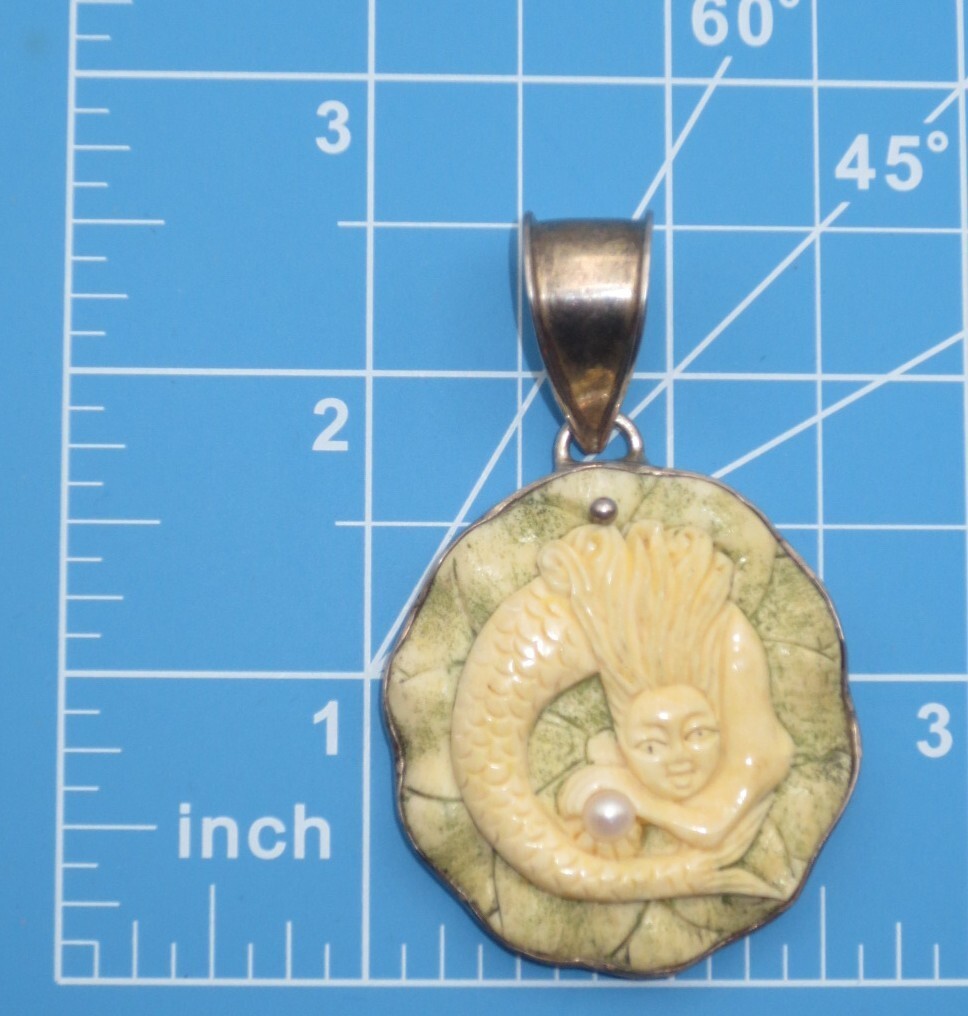 VINTAGE CARVED COW BONE & STERLING “MERMAID” PENDANT (2.5″)