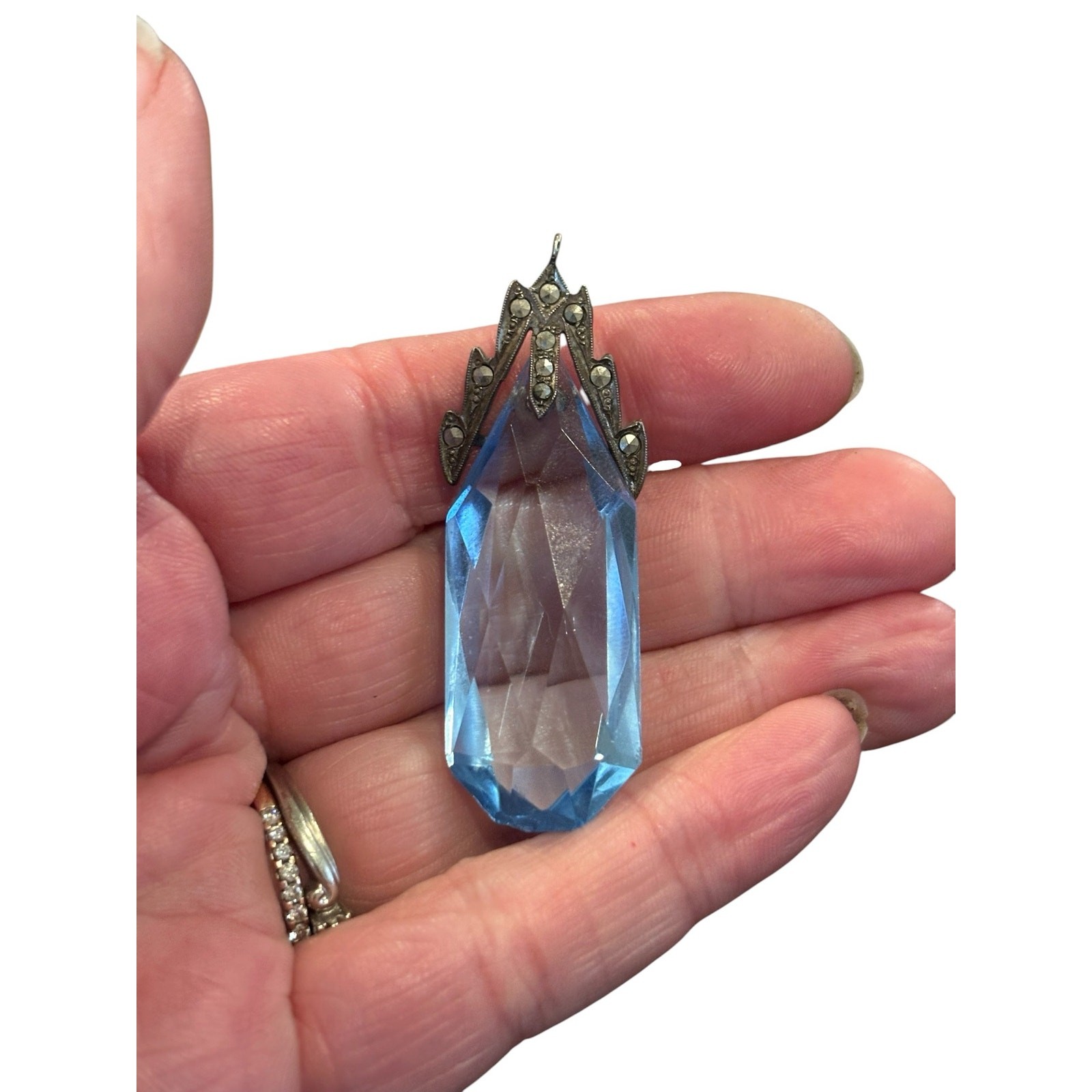 Ice Blue Crystal Pendant Sterling Silver Art Deco Czech Style