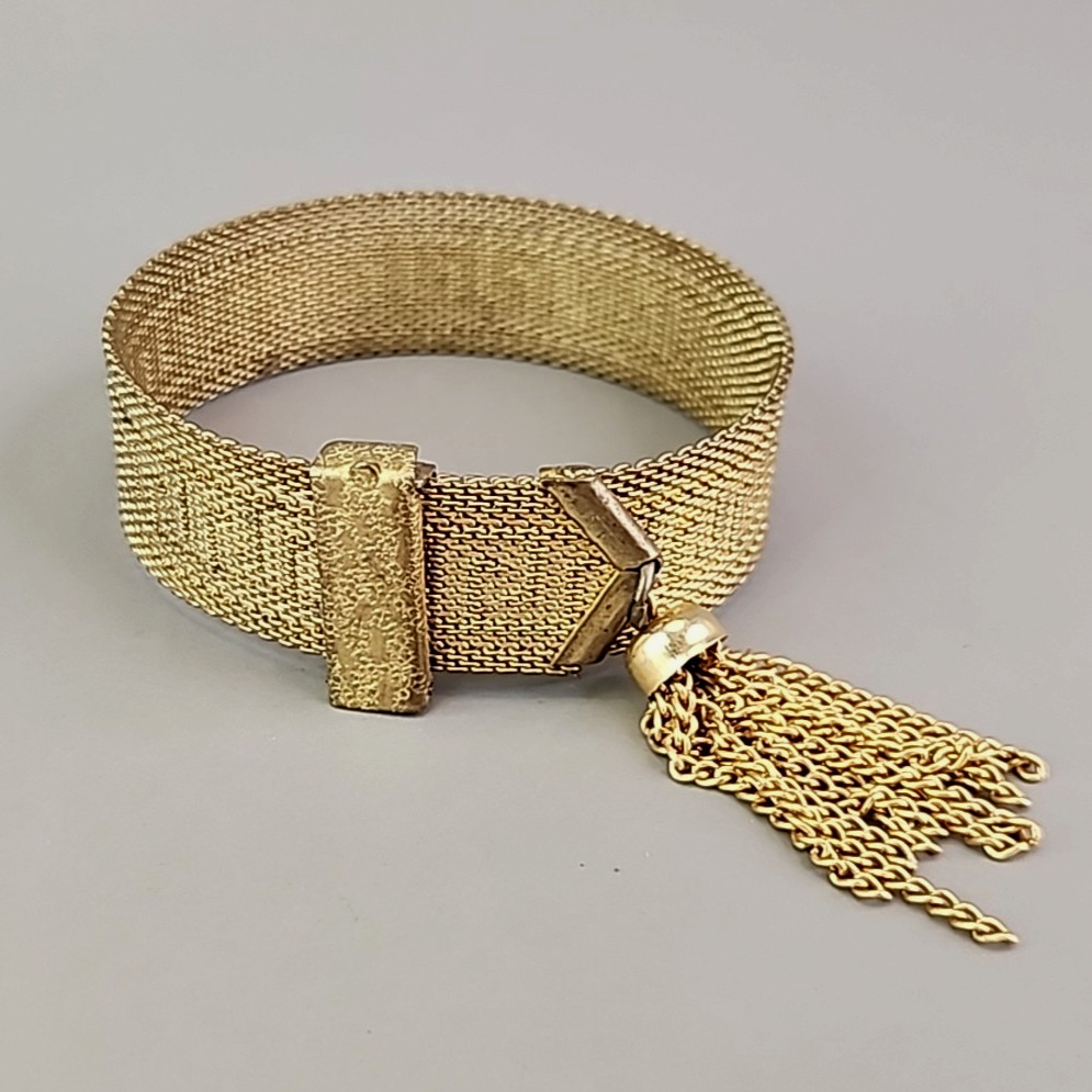 Vintage Mesh Chain Bracelet Victorian Revival Greek Key Tassel Gold Tone 7.25″